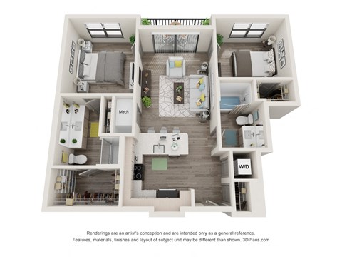 Floor plan for 2 beds, 2 baths, 988 sqft